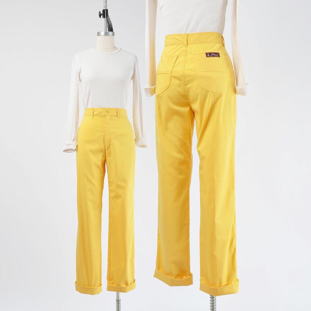 Vintage 70s Yellow Pants High Waisted Cotton Blend Straight Leg Trousers 29